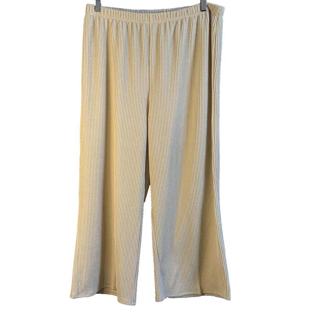 Women's Beige Stretch Wide Leg Dress Pants SZ LG Elastic Waist Textured Striped